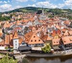 Aerial view of Český Krumlov with its iconic architecture and river coursing through the city.