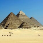 Capture of the iconic Pyramids of Giza under a clear blue sky with camels traversing the sandy desert.